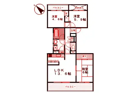 ハイツ東戸塚B棟(3LDK/2階)の間取り写真