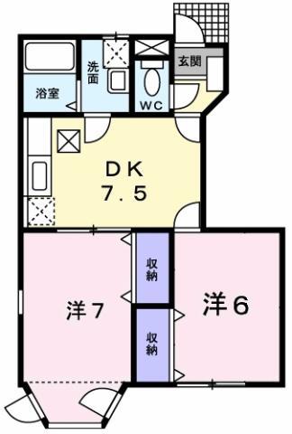 ニュールフランB号館(2DK/1階)の間取り写真
