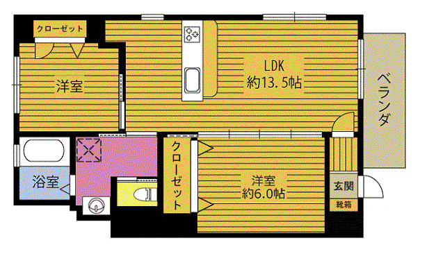 CREA COURT 新町(2LDK/1階)の間取り写真