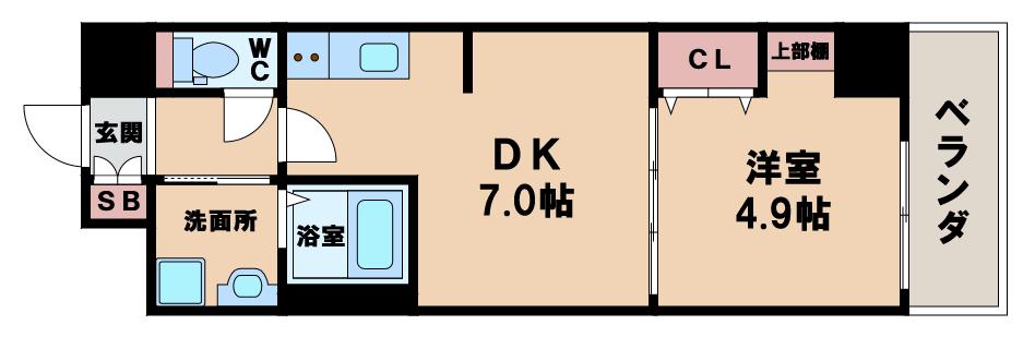ベラジオ阿倍野(1DK/6階)の間取り写真