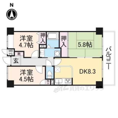 ライオンズマンション大和八木(3DK/5階)の間取り写真