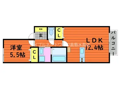 アルカンジュ四十瀬II(1LDK/1階)の間取り写真