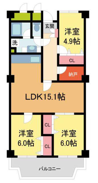東芦屋ハイツ(3LDK/5階)の間取り写真