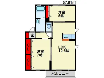 三洋タウン上香月  D棟(2LDK/1階)の間取り写真