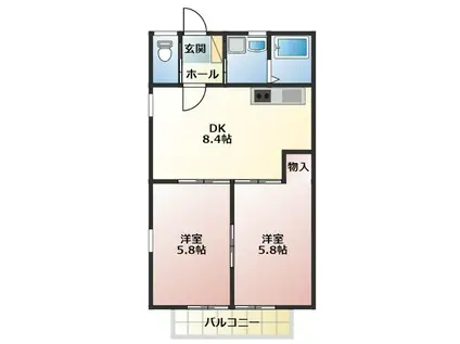 クレセールカマタ(2DK/2階)の間取り写真