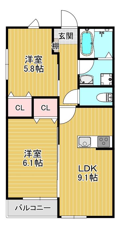 LEAF津福駅南(2LDK/2階)の間取り写真