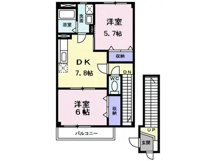 パームハイツ高田B棟(2DK/2階)の間取り写真