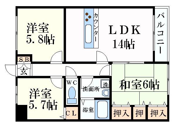 カサグランデ東延末(3LDK/3階)の間取り写真