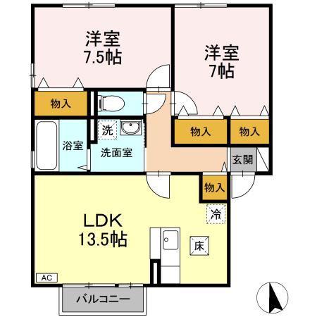 キャトルスクアール本宮C(2LDK/1階)の間取り写真