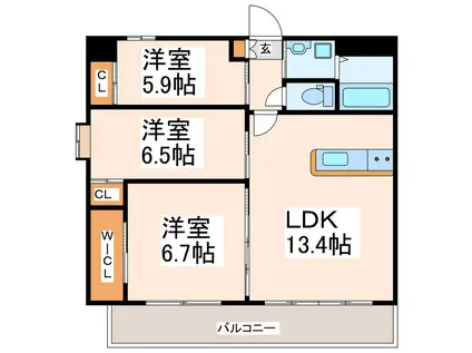 ヒルクレスト水前寺(3LDK/2階)の間取り写真