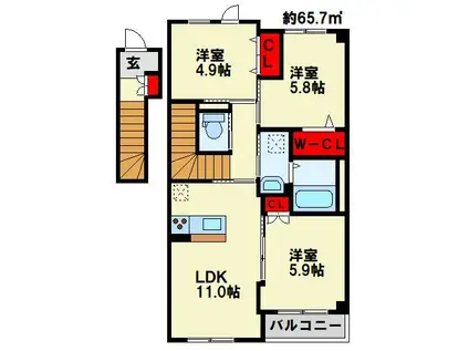 南区中吉田3丁目アパート(3LDK/2階)の間取り写真