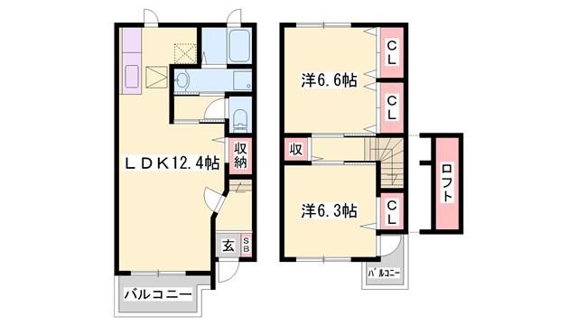 マリオンB棟(2LDK/1階)の間取り写真