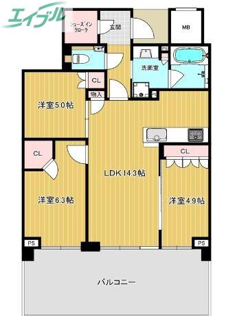 ライオンズタワー岡山千日前(3LDK/20階)の間取り写真