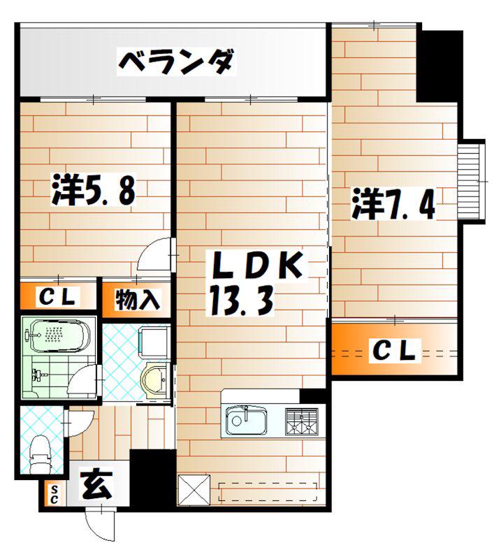 アミュゼ城野(2LDK/9階)の間取り写真