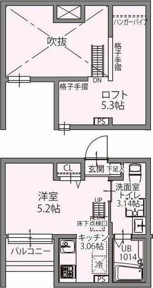 パレッタ小本ウエスト(1K/2階)の間取り写真