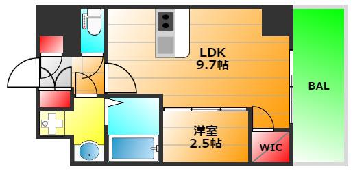 アフルエンス難波イースト(1LDK/9階)の間取り写真