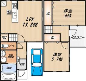 フォルトゥーナB棟(2LDK/1階)の間取り写真
