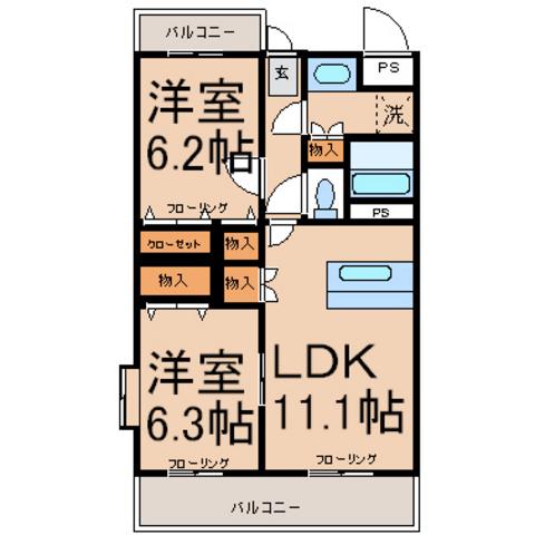 ディアコートマホニア(2LDK/3階)の間取り写真