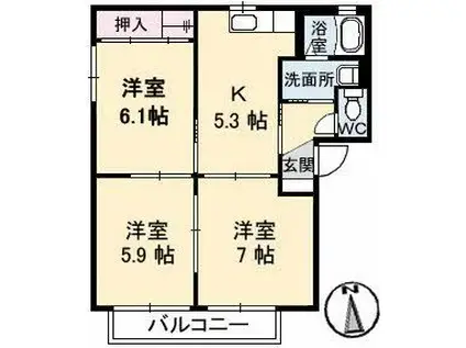 シャーメゾン明月D(3K/2階)の間取り写真