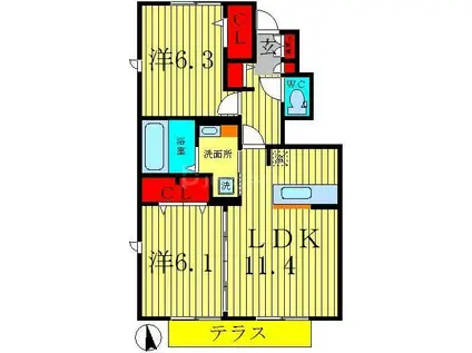 ラシャンスマチハタ(2LDK/1階)の間取り写真