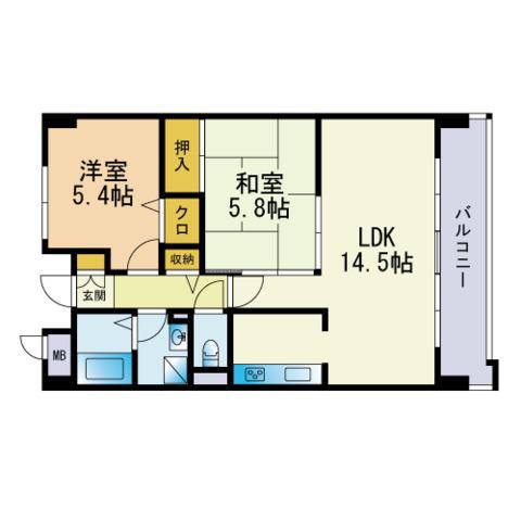 フェリーチェ原田Ⅱ(2LDK/6階)の間取り写真