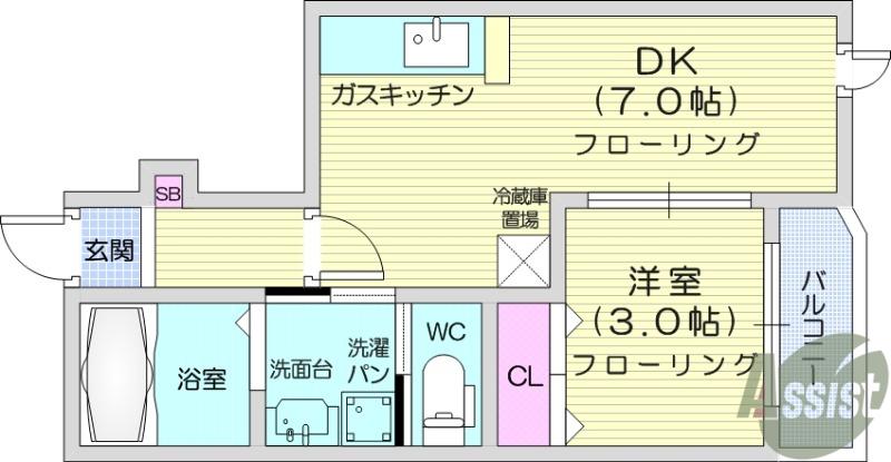 フローラルコートB棟(1DK/1階)の間取り写真