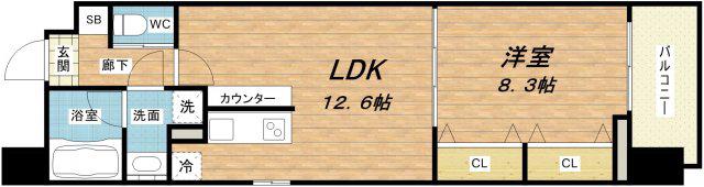 ラクラス長堀橋(1LDK/9階)の間取り写真