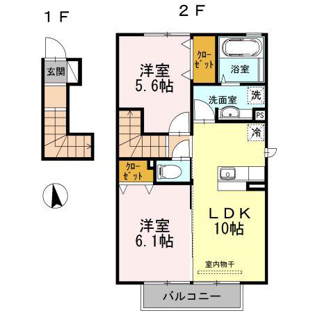 黒髪サンハイツIII B棟(2LDK/2階)の間取り写真