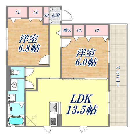 ヴィラデュオB棟(2LDK/2階)の間取り写真