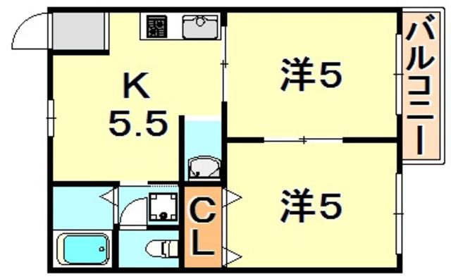 塩屋ヴィレッジ(2K/2階)の間取り写真