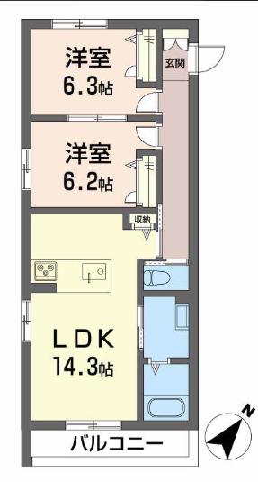 シャーメゾン ガーデンズ 今木(2LDK/2階)の間取り写真