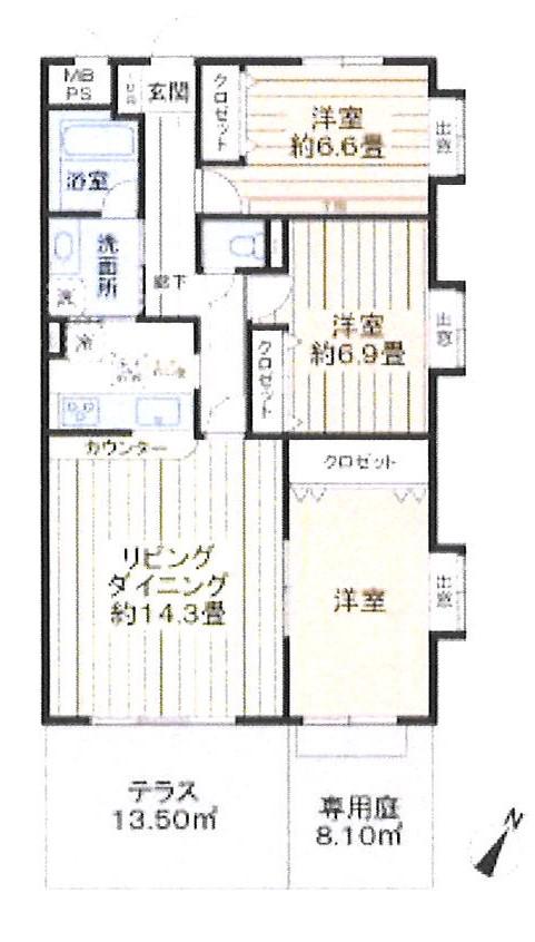 ライオンズマンション船橋飯山満台二番館(3LDK/1階)の間取り写真