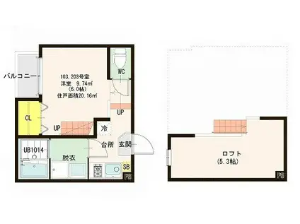 ハーモニーテラス塩原IV(1K/2階)の間取り写真