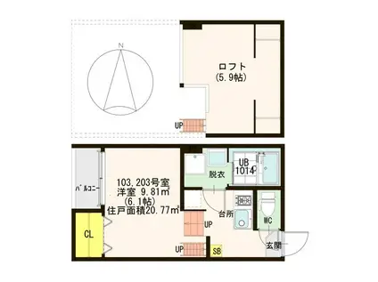 LE GRAND BLEU蛍池(1K/2階)の間取り写真