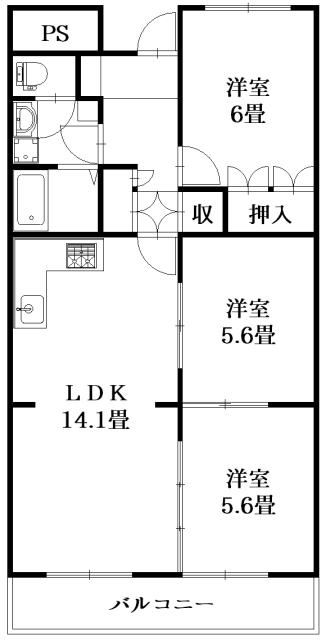 コーポシーサイド(3LDK/3階)の間取り写真