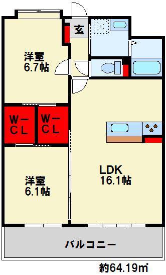 ニューガイア下曽根(2LDK/2階)の間取り写真