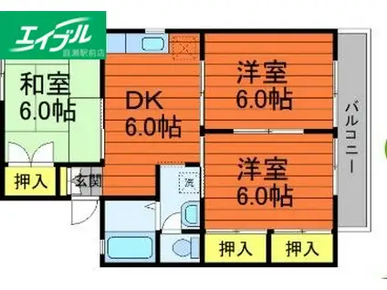 ドミール貝吹(3DK/1階)の間取り写真
