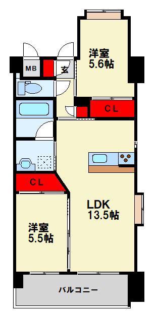 ウィングス西本町(2LDK/4階)の間取り写真