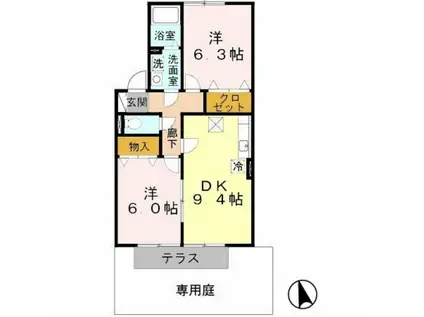 プルーニア天美B棟(2DK/1階)の間取り写真