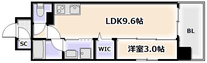 リヴェント難波サウス(1LDK/9階)の間取り写真