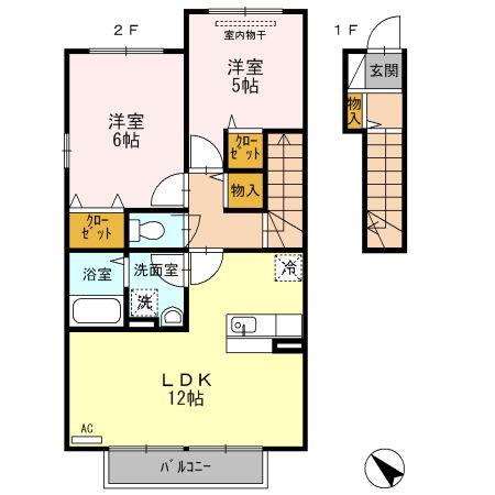 エスポワールB棟(2LDK/2階)の間取り写真