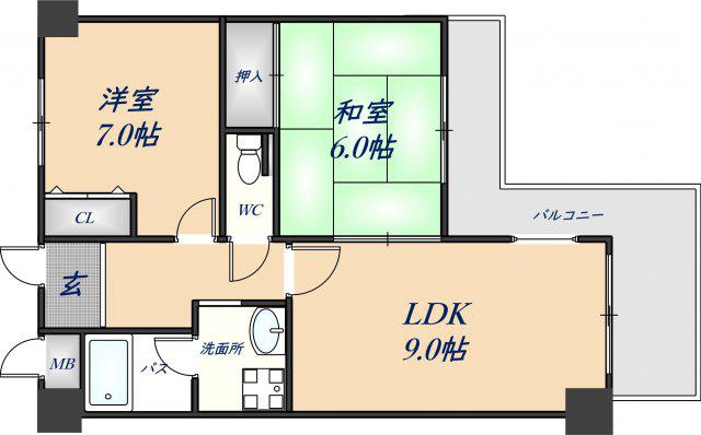 グリーンたちばな(2LDK/6階)の間取り写真