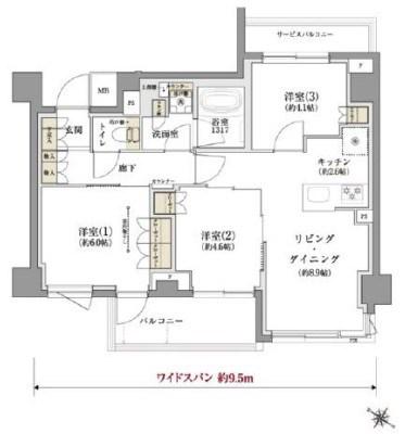 TENAS千歳船橋(3LDK/3階)の間取り写真