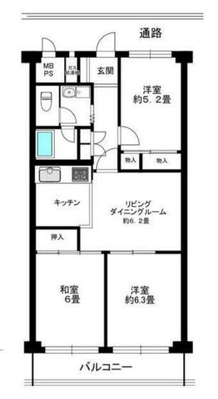 藤代スカイハイツB棟(3DK/7階)の間取り写真