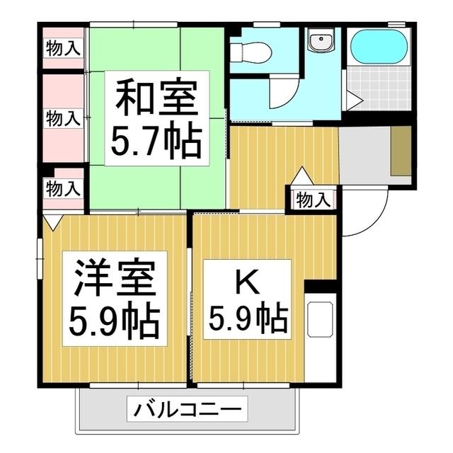 ルミエールひがの A棟(2K/2階)の間取り写真