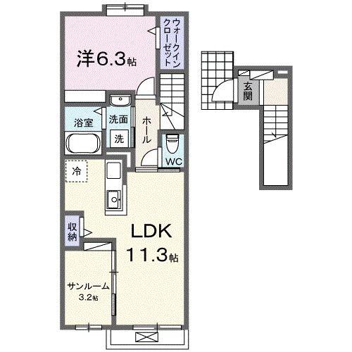 メゾン ハナビシ A(1LDK/2階)の間取り写真