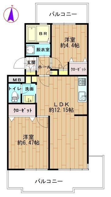 オークヴィラ1号館(2LDK/2階)の間取り写真
