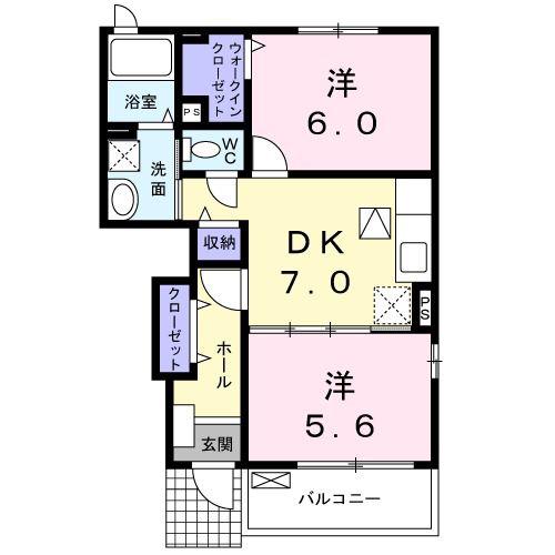 ベルサイユB棟(2DK/1階)の間取り写真