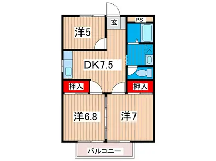 テクノハイム本宿 梅の棟(3DK/2階)の間取り写真