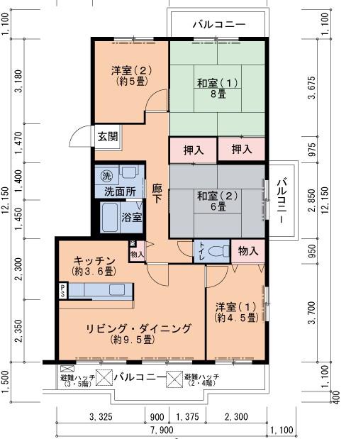 鹿の子台北ハイツ(4LDK/2階)の間取り写真